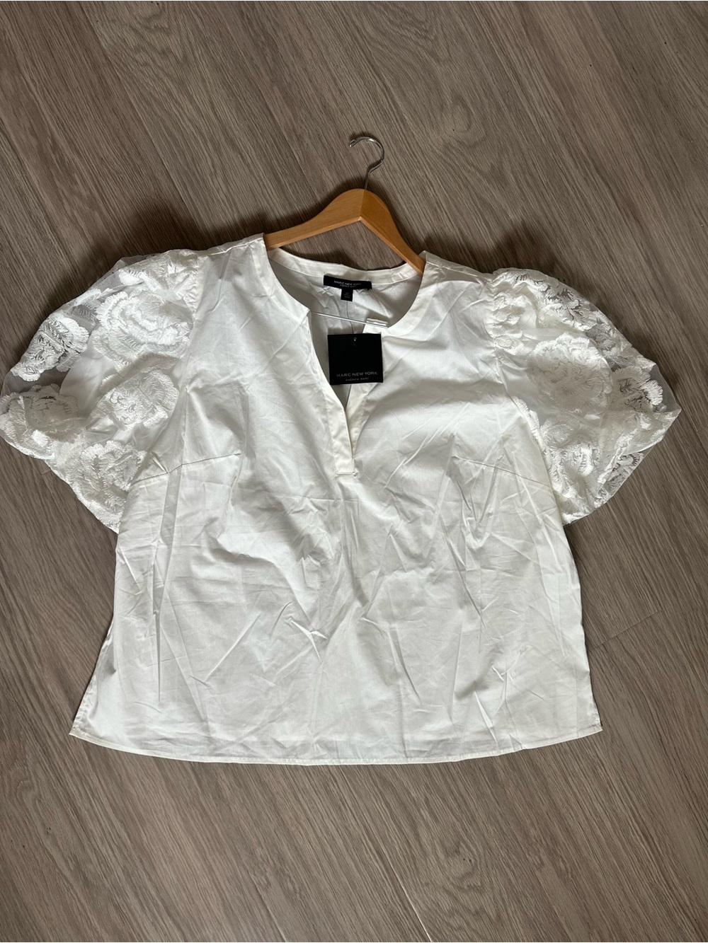 Marc New York White Lace Puff-Embroidered Sleeve Blouse